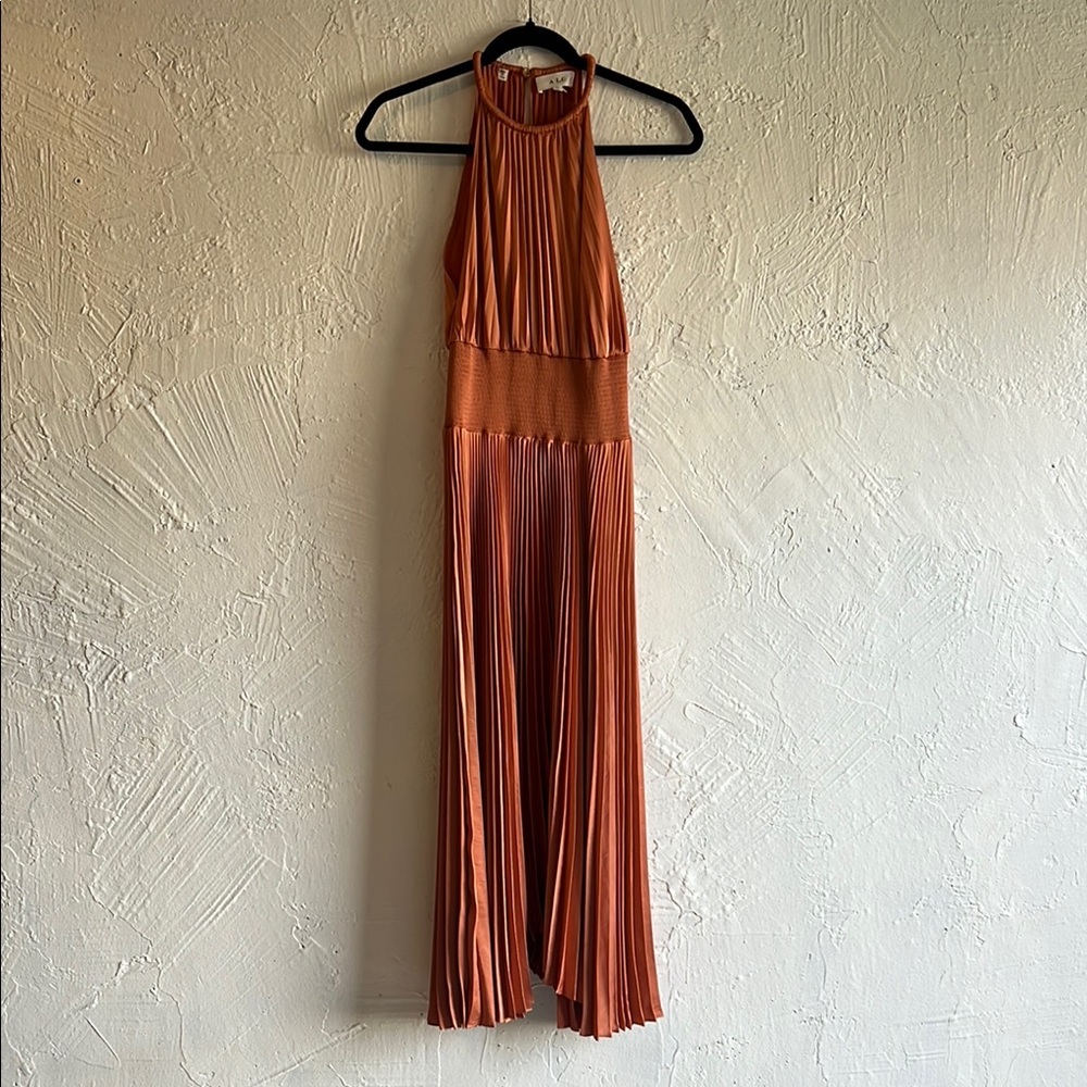 Orange Pleated Halter Maxi Gown